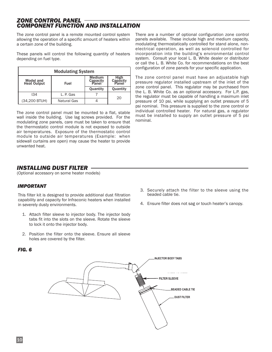 Installing dust filter, Fig. 6, Important | L.B. White I-34 Infraconic Ignition User Manual | Page 10 / 28