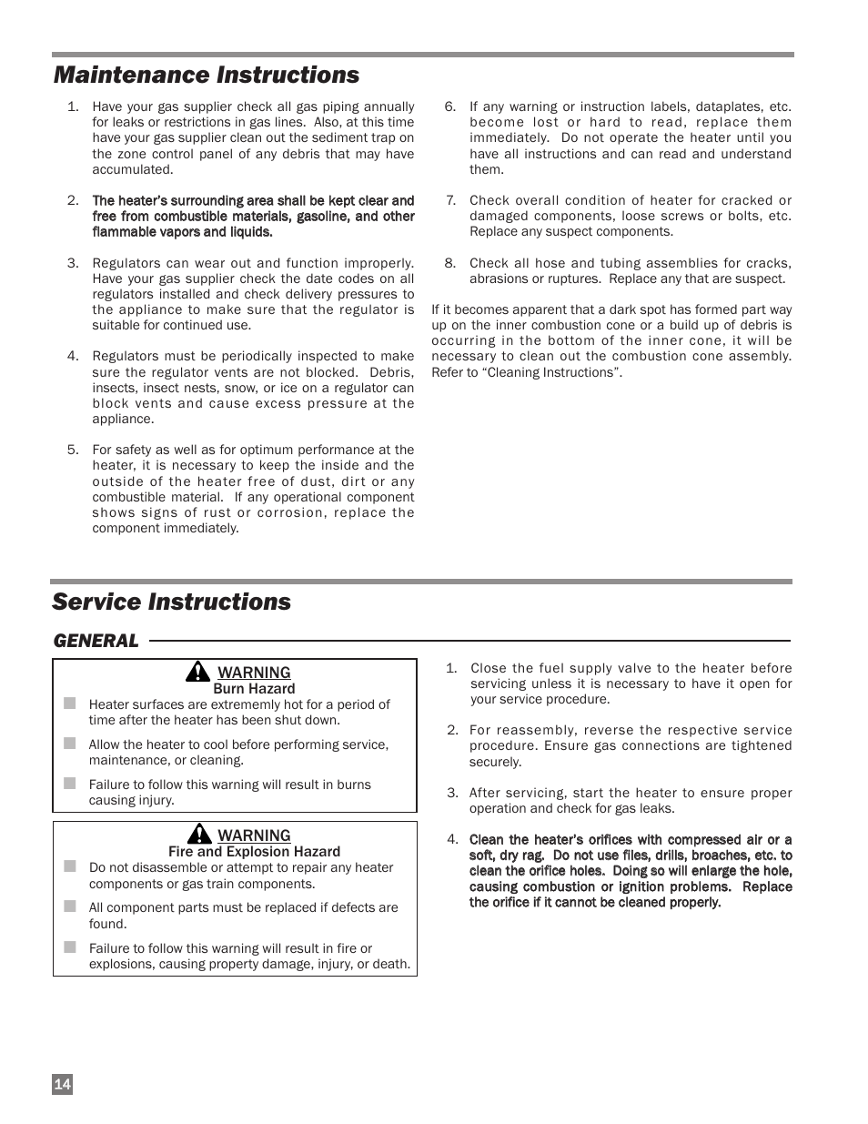 Service instructions, Maintenance instructions, General | L.B. White I-34 Infraconic Ignition User Manual | Page 14 / 28
