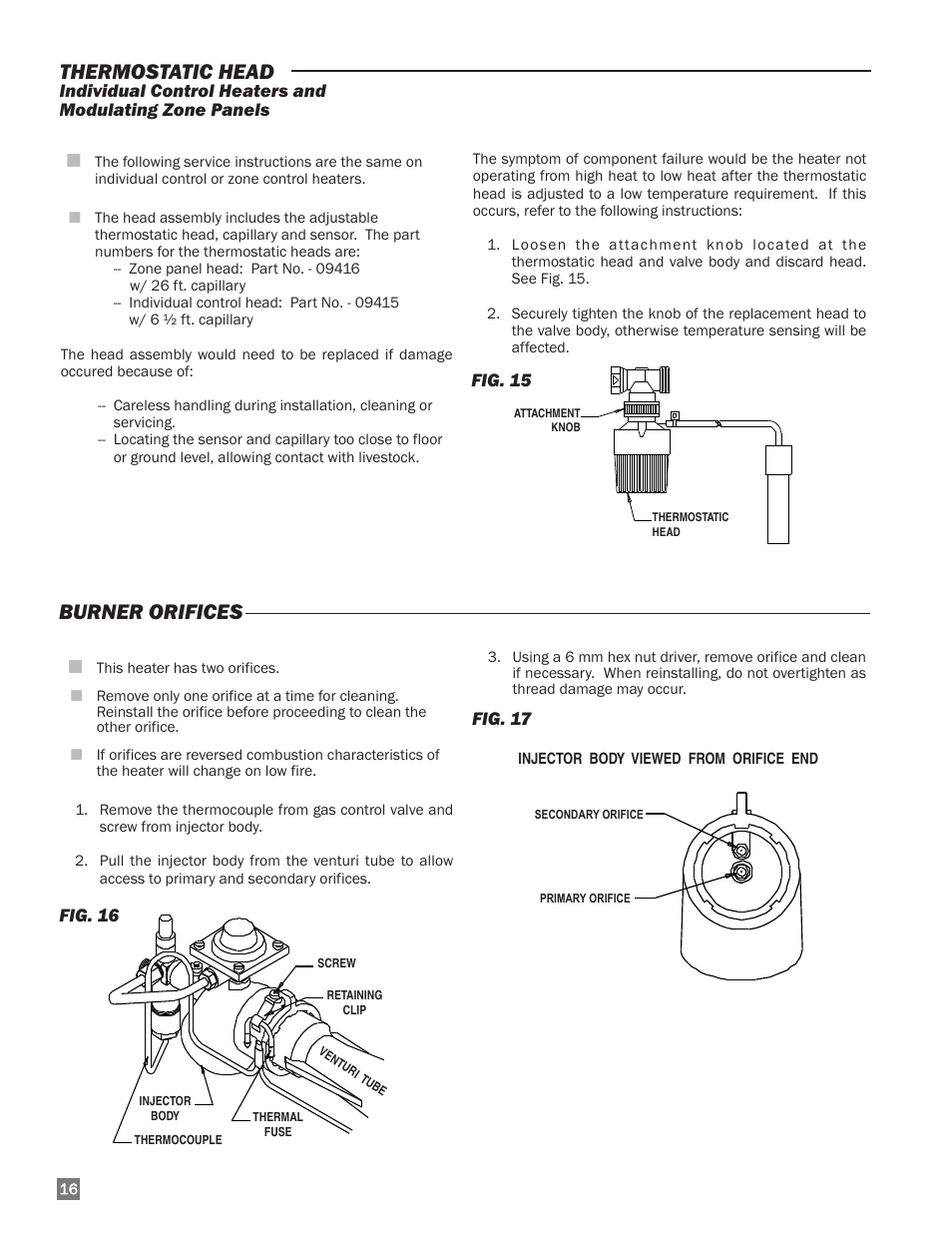 Burner orifices, Thermostatic head | L.B. White I-34 Infraconic Ignition User Manual | Page 16 / 28