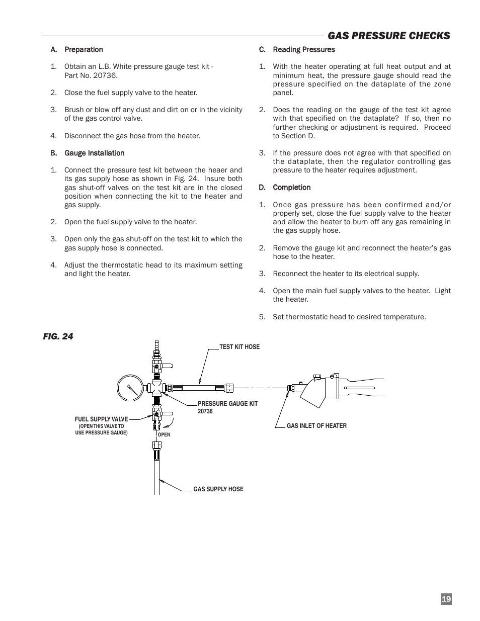 Gas pressure checks | L.B. White I-34 Infraconic Ignition User Manual | Page 19 / 28