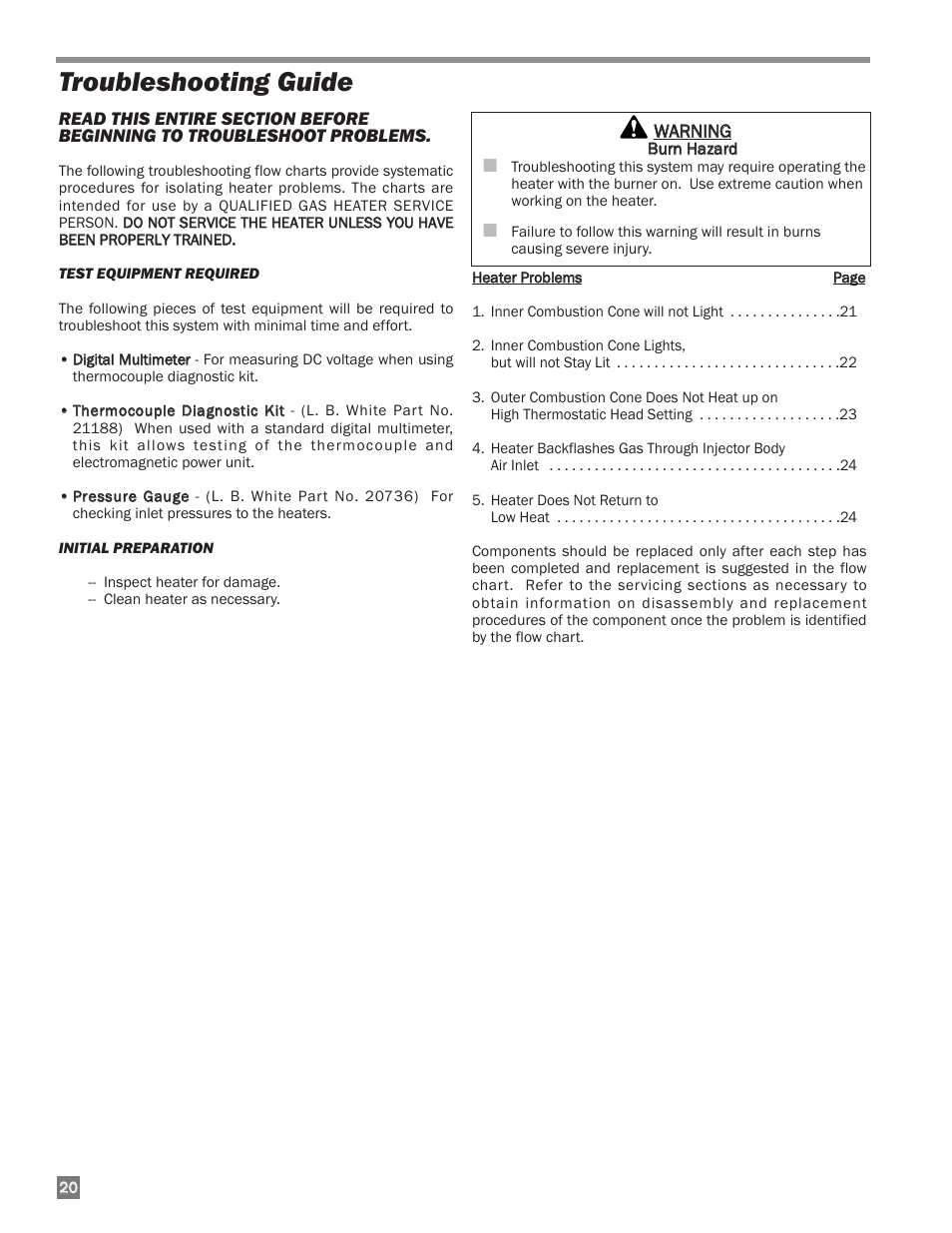 Troubleshooting guide | L.B. White I-34 Infraconic Ignition User Manual | Page 20 / 28