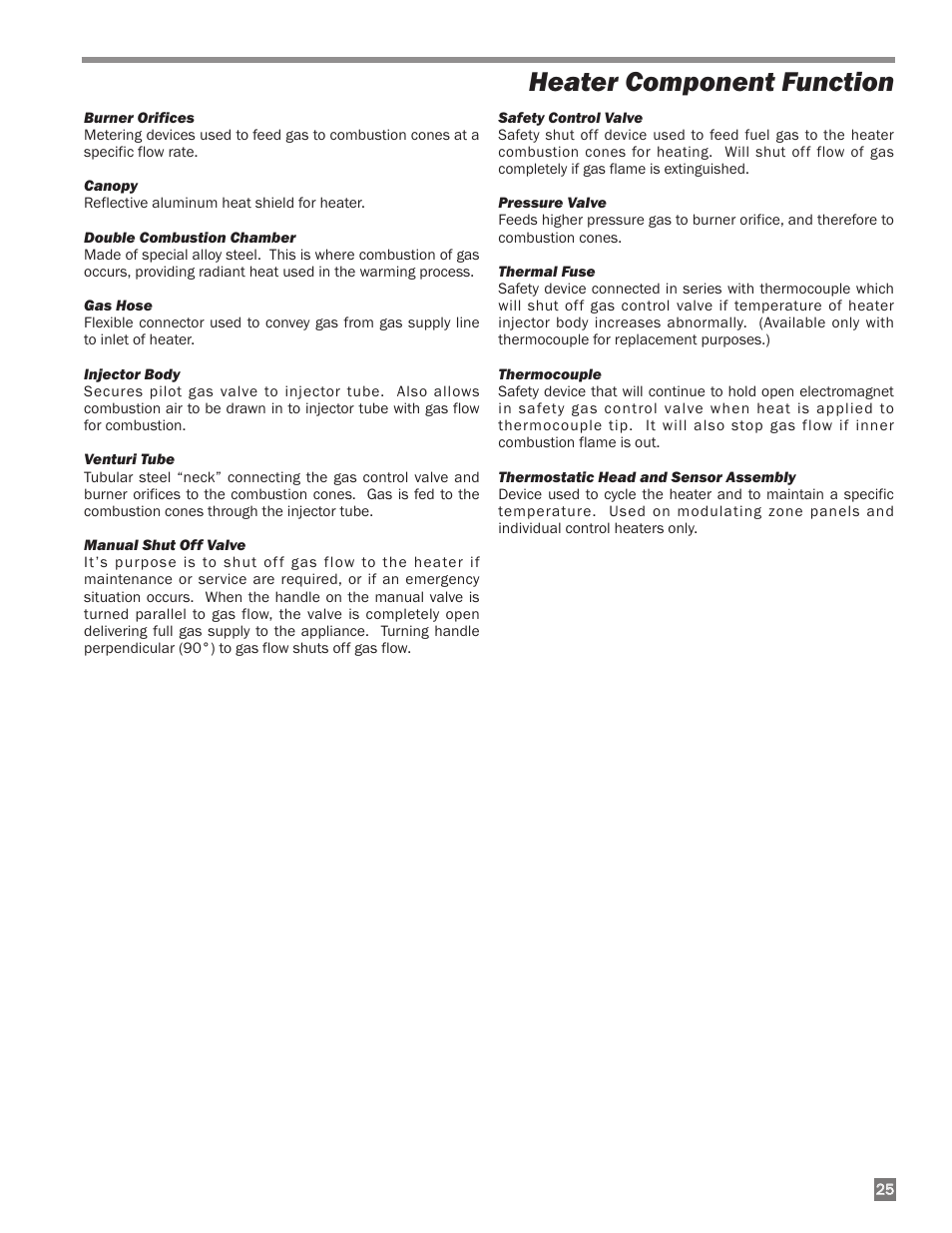 Heater component function | L.B. White I-34 Infraconic Ignition User Manual | Page 25 / 28