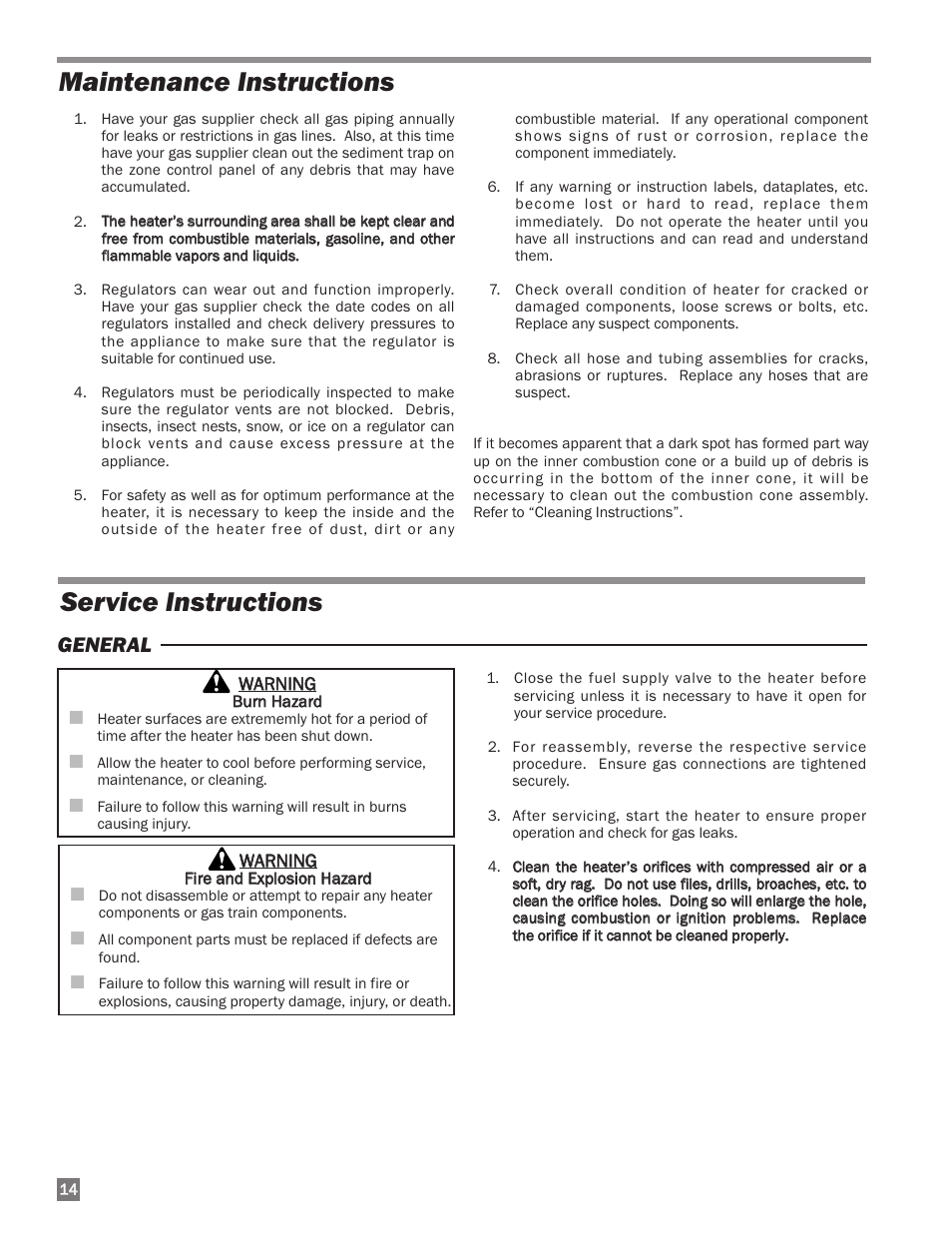 Service instructions, Maintenance instructions, General | L.B. White I-40 Infraconic Ignition User Manual | Page 14 / 28