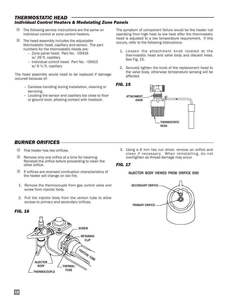 Burner orifices, Thermostatic head | L.B. White I-40 Infraconic Ignition User Manual | Page 16 / 28