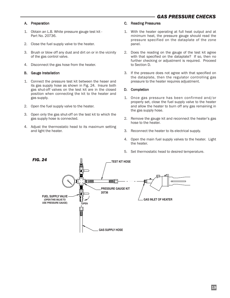 Gas pressure checks | L.B. White I-40 Infraconic Ignition User Manual | Page 19 / 28