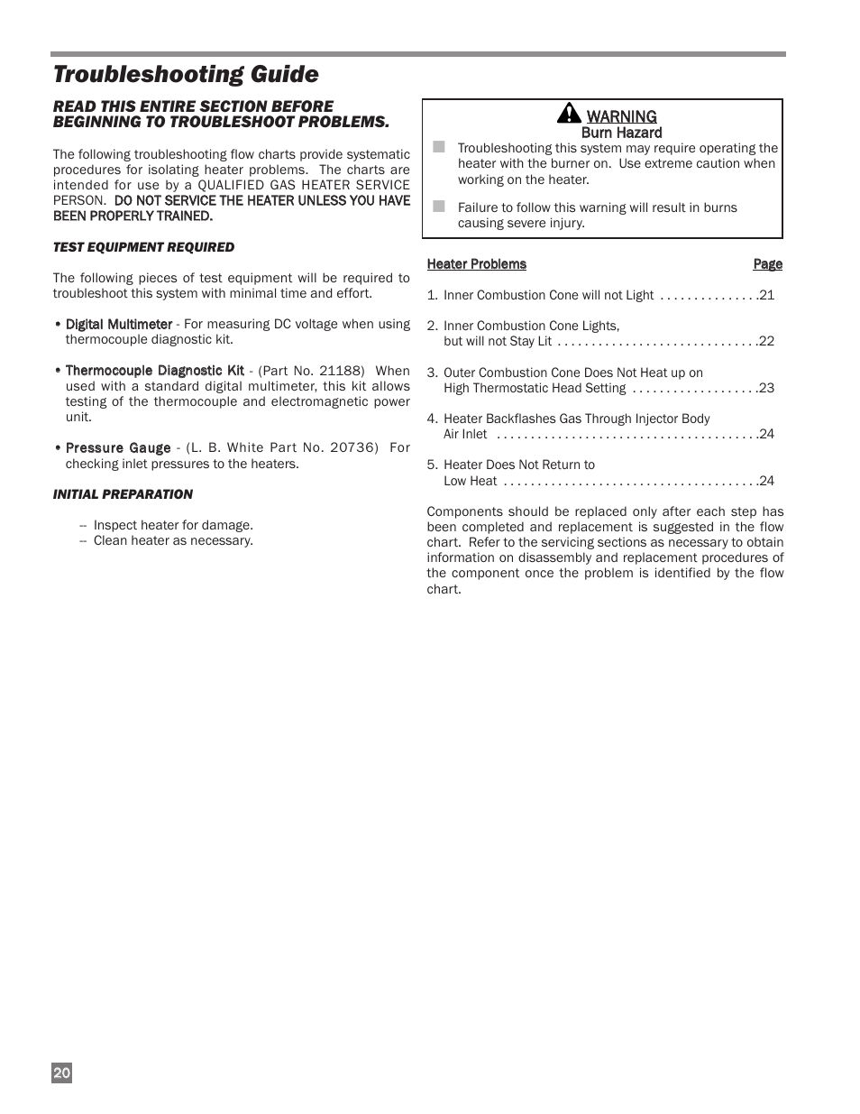 Troubleshooting guide | L.B. White I-40 Infraconic Ignition User Manual | Page 20 / 28