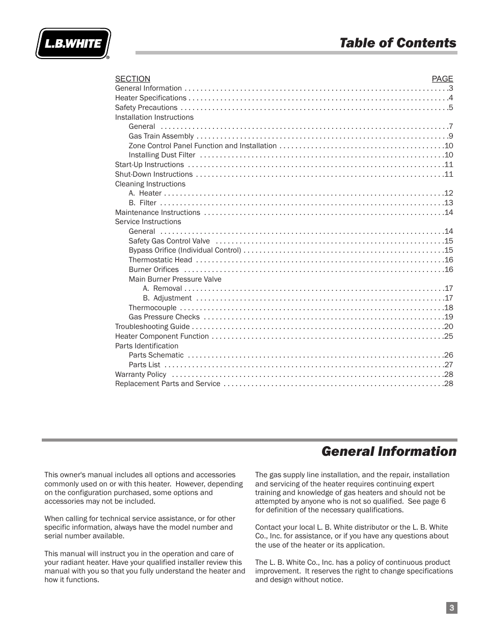 Table of contents general information | L.B. White I-40 Infraconic Ignition User Manual | Page 3 / 28