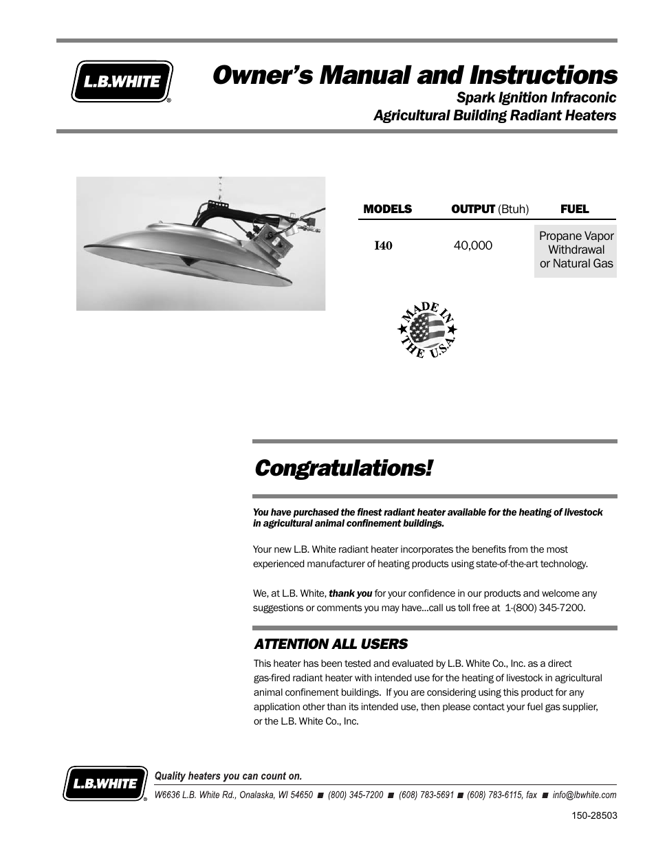 L.B. White I-40 Infraconic Spark Ignition User Manual | 26 pages