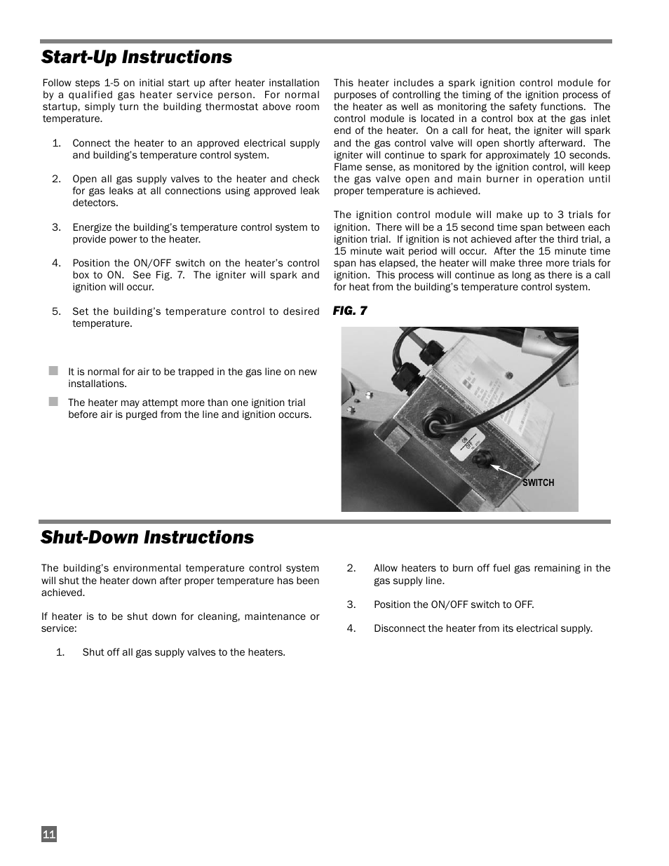 Shut-down instructions, Start-up instructions | L.B. White I-40 Infraconic Spark Ignition User Manual | Page 12 / 26