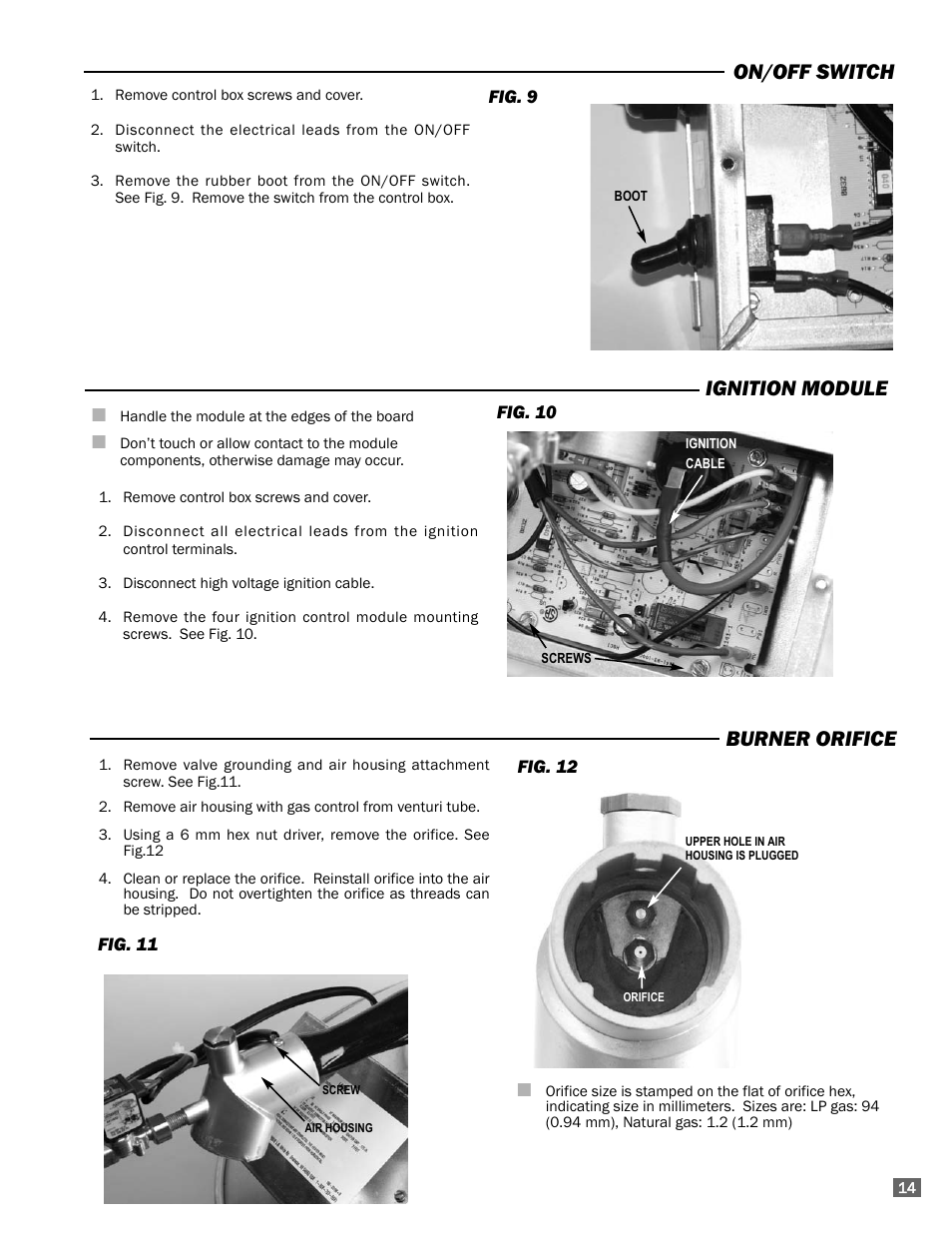 On/off switch, Ignition module, Burner orifice | L.B. White I-40 Infraconic Spark Ignition User Manual | Page 15 / 26