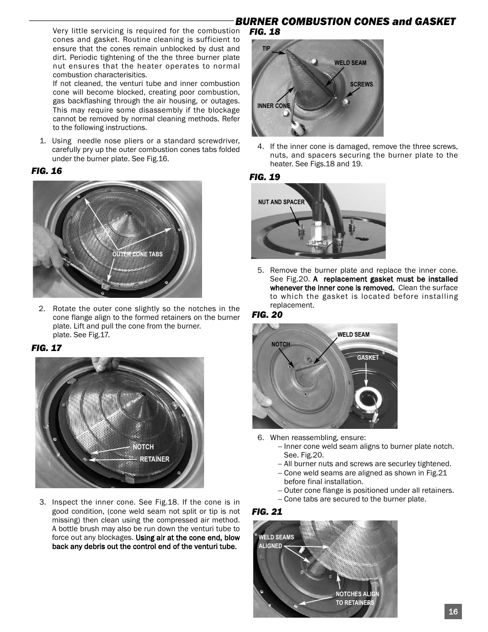 Burner combustion cones and gasket | L.B. White I-40 Infraconic Spark Ignition User Manual | Page 17 / 26