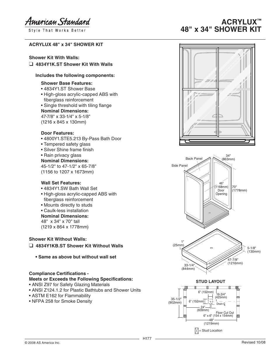 American Standard Acrylux 48" x 34" Shower Kit 4834Y1K.ST User Manual | 1 page