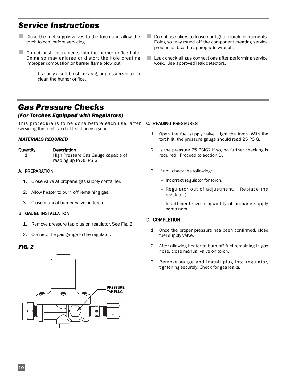 Service instructions, Gas pressure checks | L.B. White Torchman 500 w/ Optional Handle User Manual | Page 10 / 12