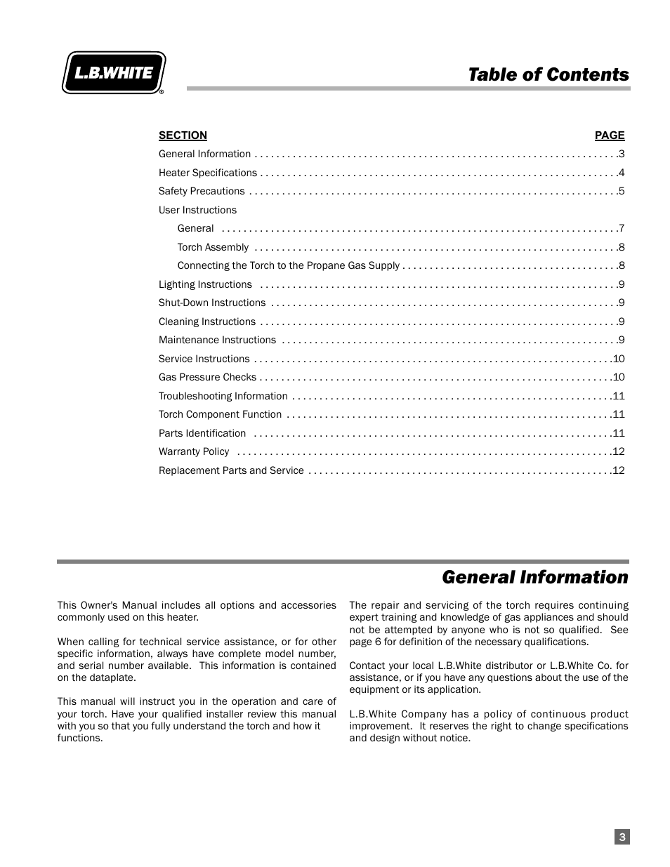 Table of contents general information | L.B. White Torchman 500 w/ Optional Handle User Manual | Page 3 / 12