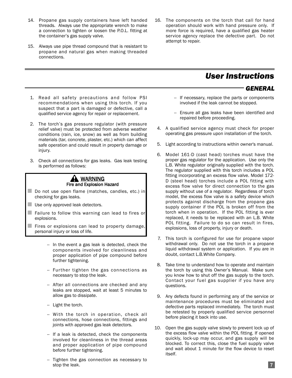 User instructions, General | L.B. White Torchman 500 w/ Optional Handle User Manual | Page 7 / 12