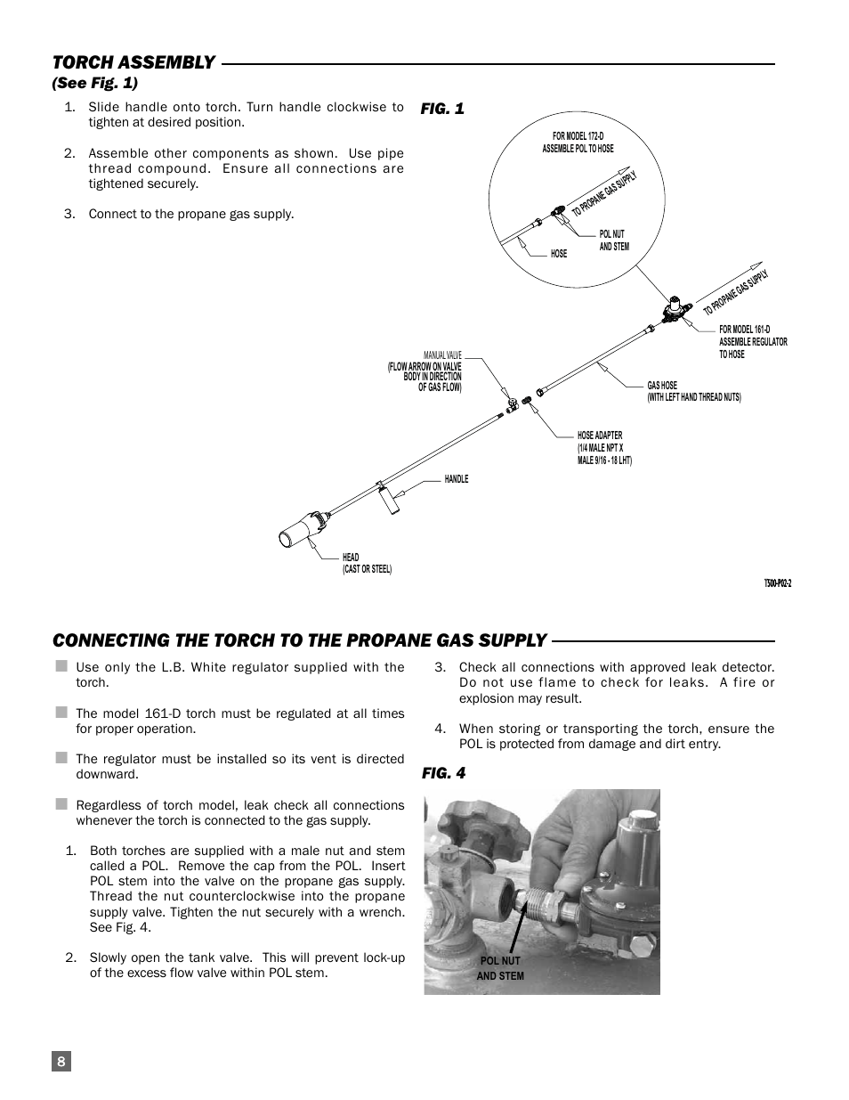 Torch assembly, Connecting the torch to the propane gas supply, See fig. 1) | Fig. 4, Fig. 1 | L.B. White Torchman 500 w/ Optional Handle User Manual | Page 8 / 12