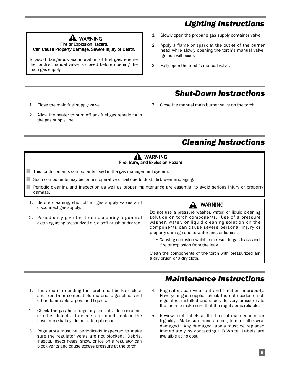 Cleaning instructions, Maintenance instructions, Lighting instructions shut-down instructions | L.B. White Torchman 500 w/ Optional Handle User Manual | Page 9 / 12