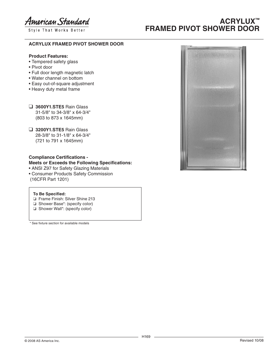 American Standard Acrylux 3600Y1.STE5 User Manual | 1 page