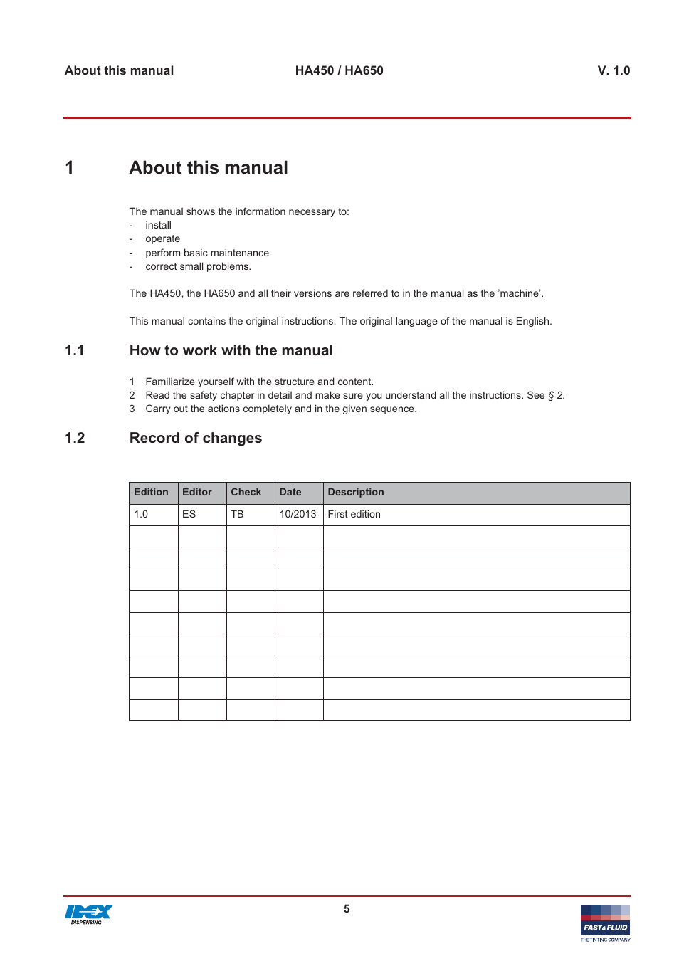 1about this manual, 1 how to work with the manual, 2 record of changes | Fast & Fluid HA650 User Manual | Page 5 / 32