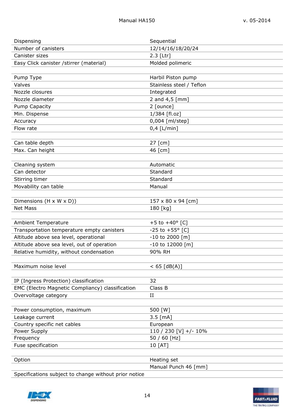 Ecifica, Ations | Fast & Fluid HA150 User Manual | Page 14 / 15