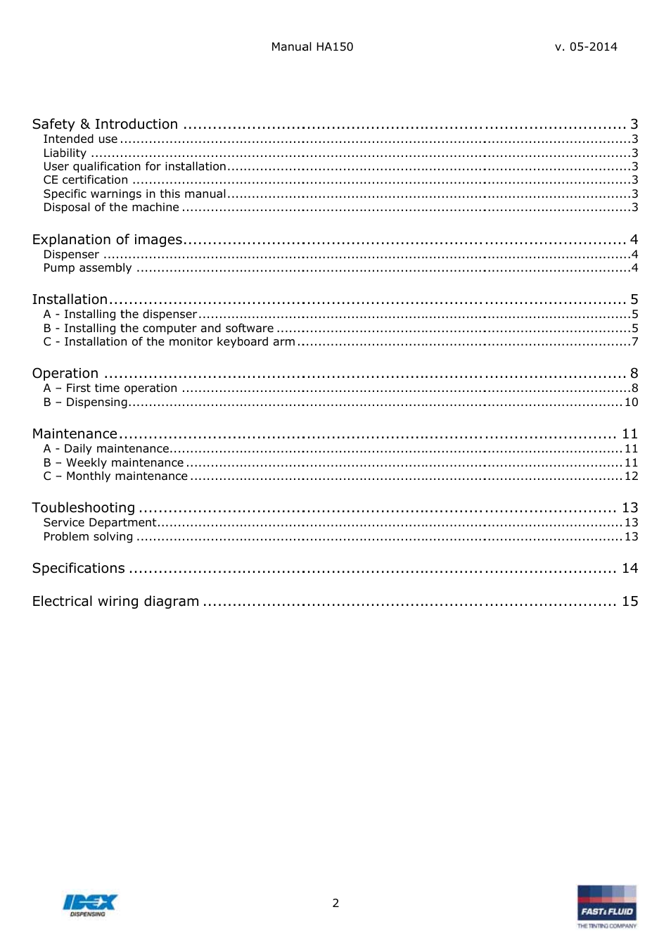 Ble of c, Conten | Fast & Fluid HA150 User Manual | Page 2 / 15
