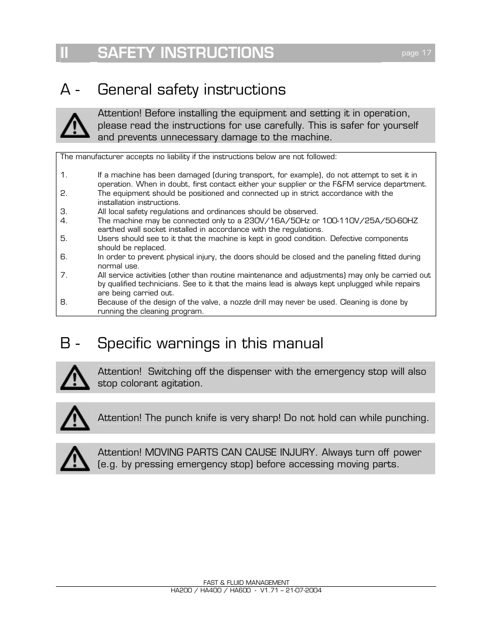 Ii safety instructions, A - general safety instructions, B - specific warnings in this manual | Fast & Fluid HA600 User Manual | Page 17 / 33