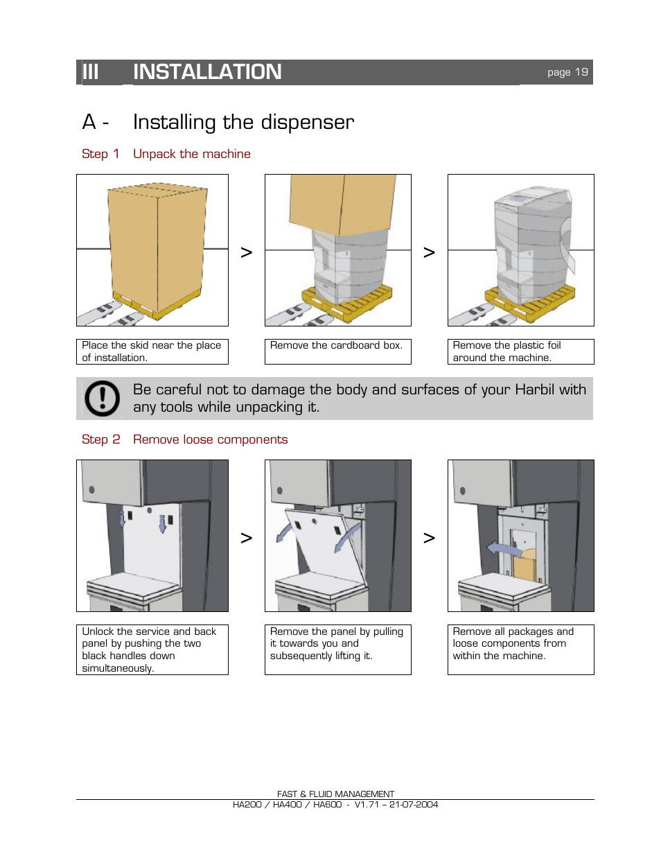 Iii installation, A - installing the dispenser | Fast & Fluid HA600 User Manual | Page 19 / 33