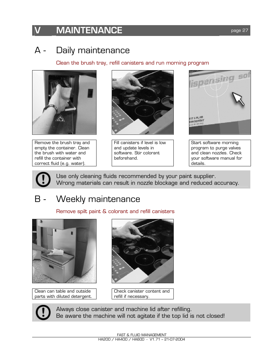 Vmaintenance, A - daily maintenance, B - weekly maintenance | Fast & Fluid HA600 User Manual | Page 27 / 33