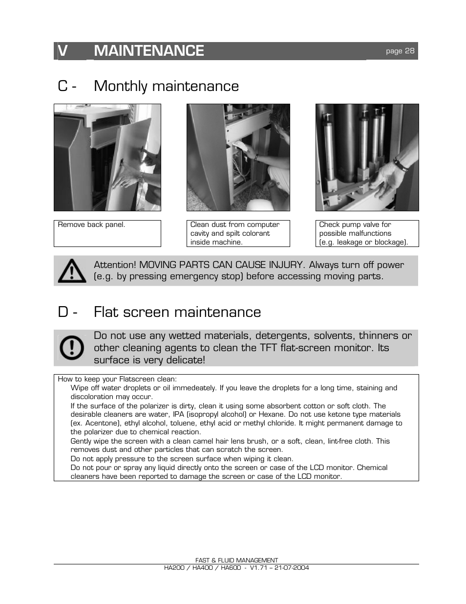 Vmaintenance, C - monthly maintenance, D - flat screen maintenance | Fast & Fluid HA600 User Manual | Page 28 / 33