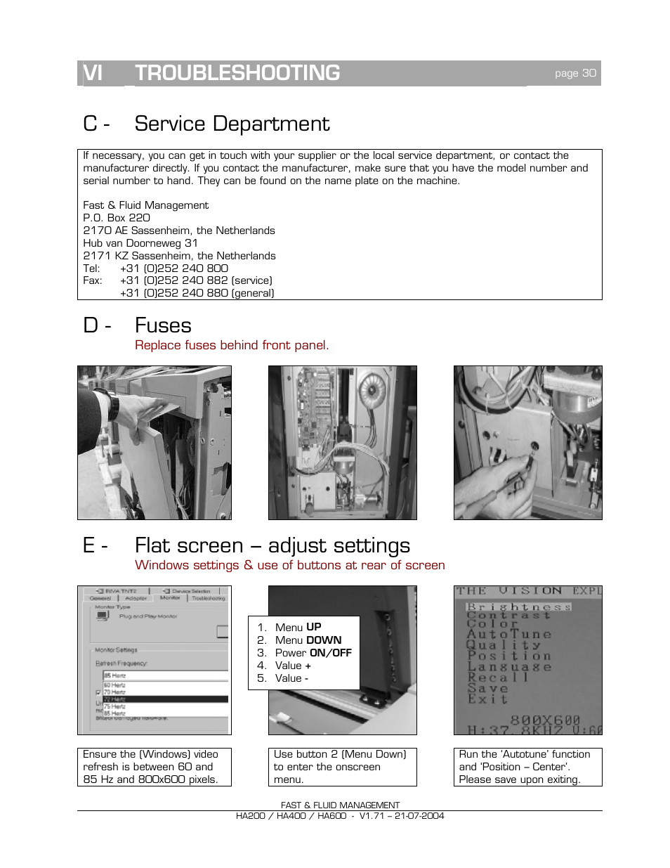 Vi troubleshooting, C - service department, D - fuses | E - flat screen – adjust settings | Fast & Fluid HA600 User Manual | Page 30 / 33