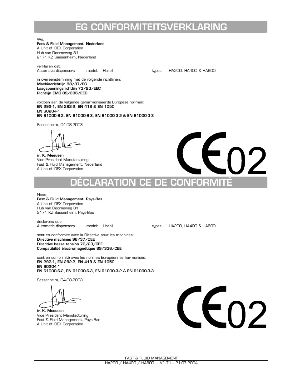Eg conformiteitsverklaring, Déclaration ce de conformité | Fast & Fluid HA600 User Manual | Page 4 / 33