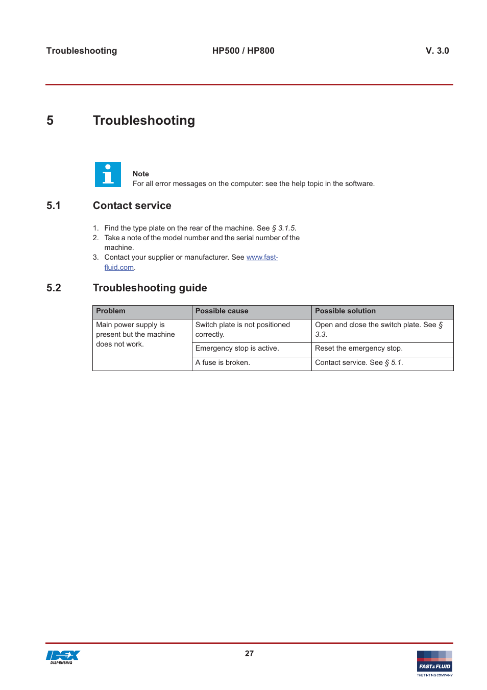 5troubleshooting, 1 contact service, 2 troubleshooting guide | Fast & Fluid HP800 User Manual | Page 27 / 30