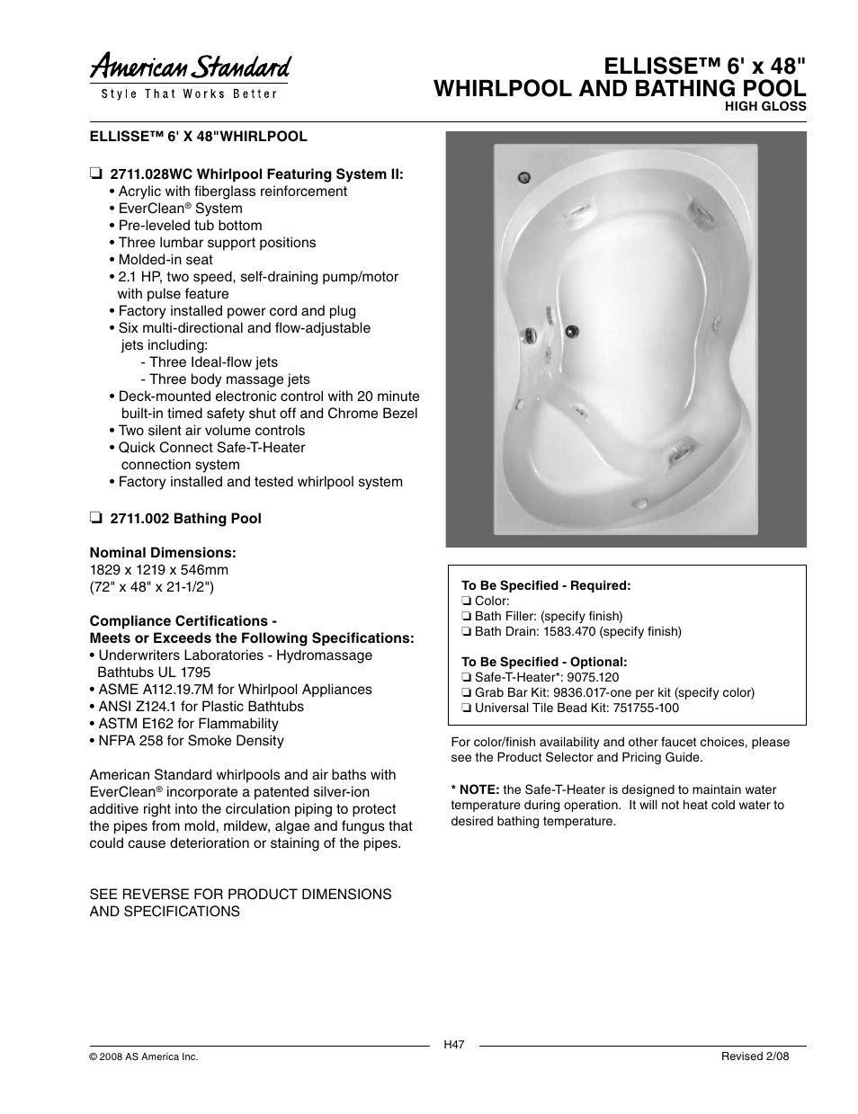 American Standard Ellisse 2711.028WC User Manual | 2 pages