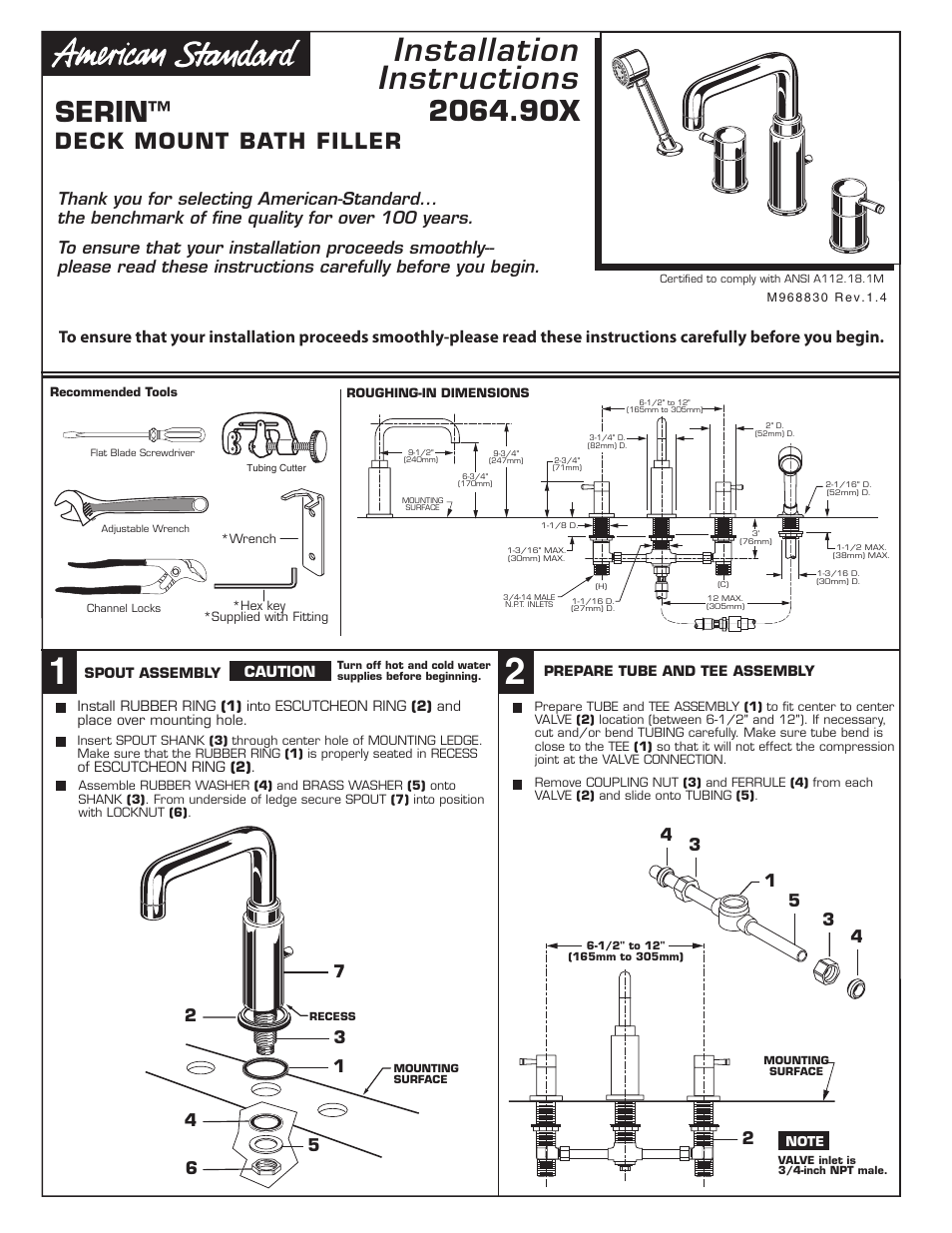 American Standard DECK MOUNT BATH FILLER 2064.90X User Manual | 4 pages