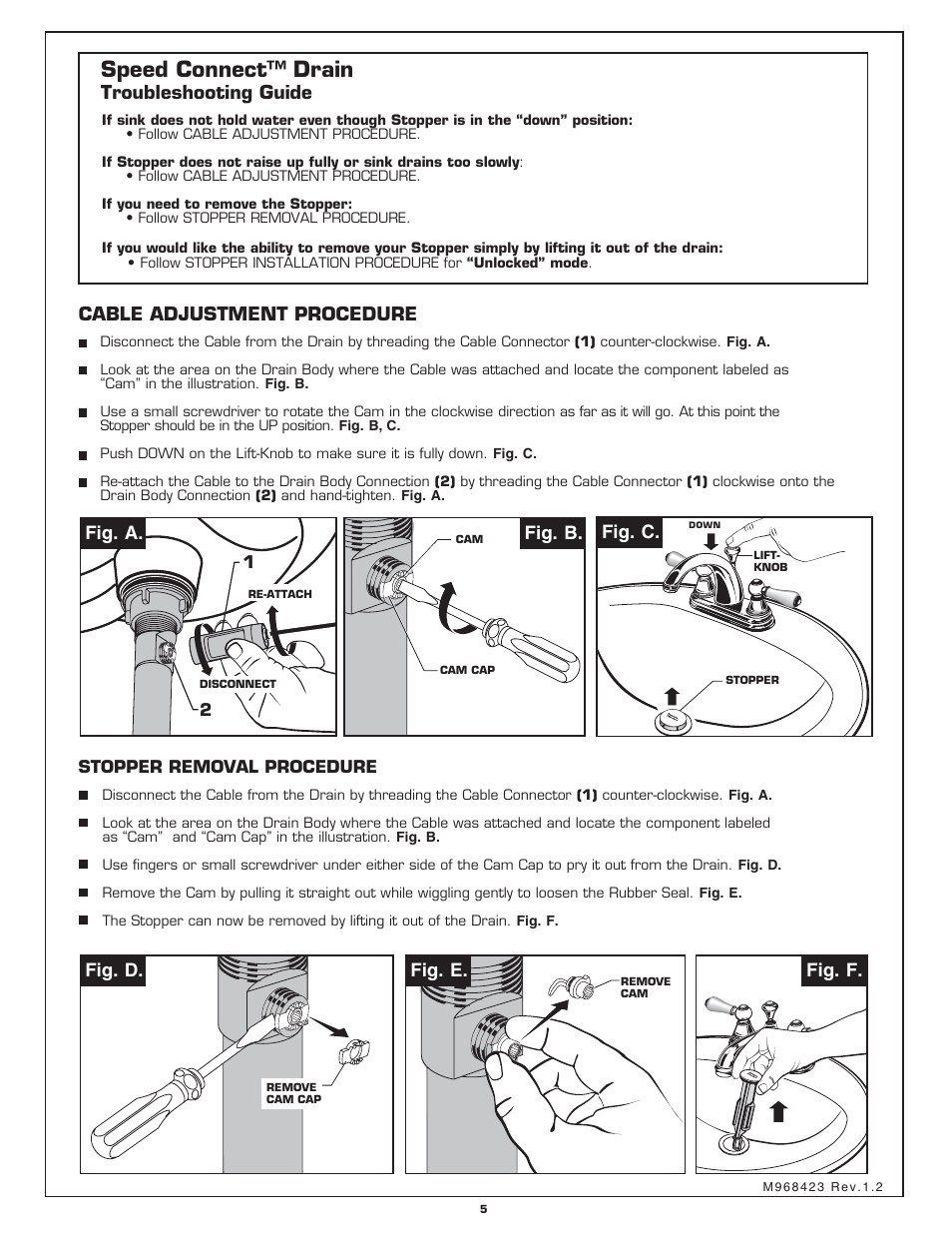 Speed connect™ drain, Troubleshooting guide, Cable adjustment procedure | Fig. a. fig. b, Fig. d. fig. e, Fig. c, Fig. f | American Standard Williamsburg 2904 User Manual | Page 5 / 7