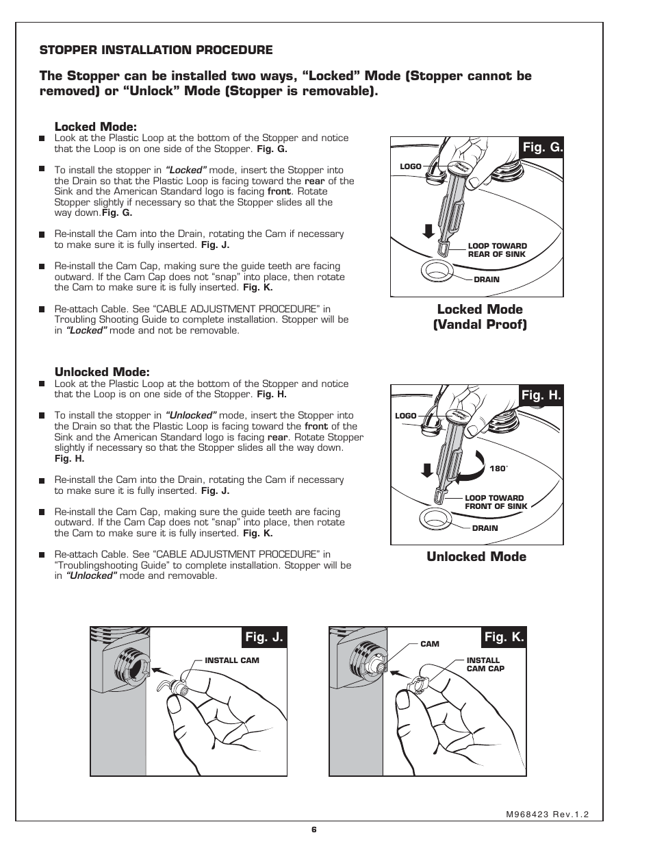 Fig. j. fig. k, Locked mode (vandal proof), Fig. g | Unlocked mode, Fig. h | American Standard Williamsburg 2904 User Manual | Page 6 / 7