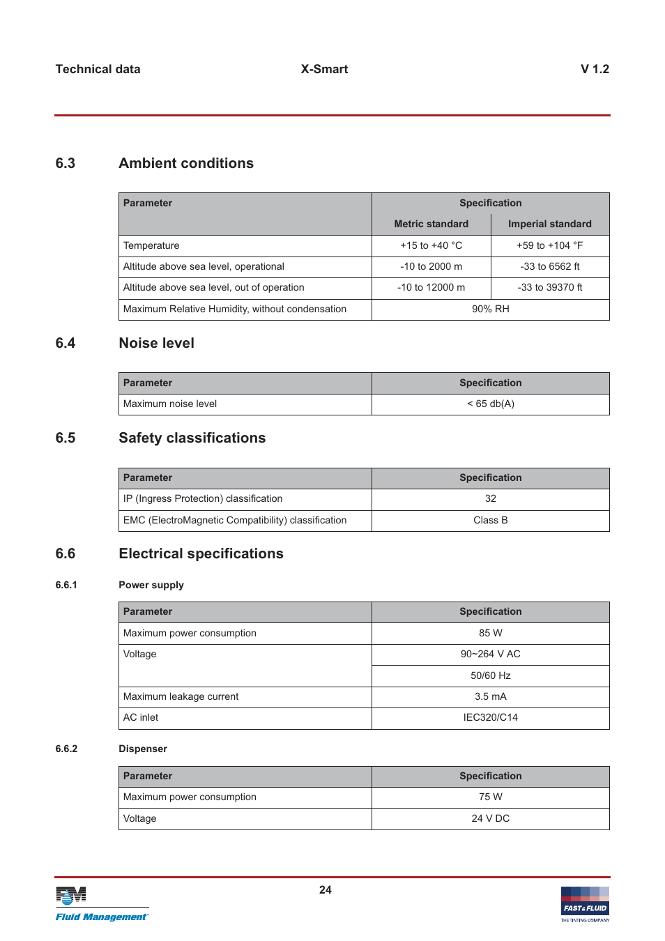 3 ambient conditions, 4 noise level, 5 safety classifications | 6 electrical specifications | Fast & Fluid X-Smart User Manual | Page 24 / 26