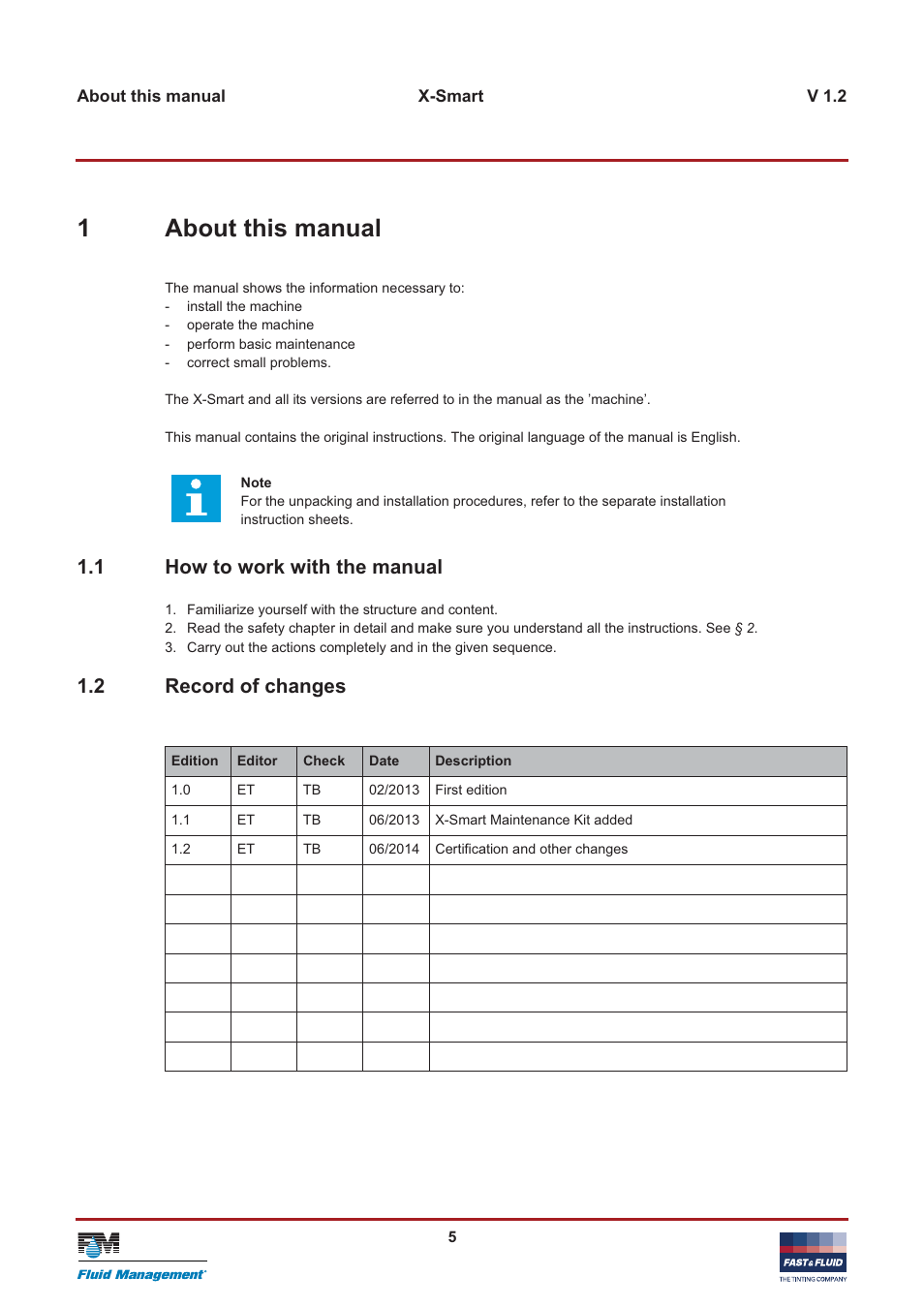 1about this manual, 1 how to work with the manual, 2 record of changes | Fast & Fluid X-Smart User Manual | Page 5 / 26