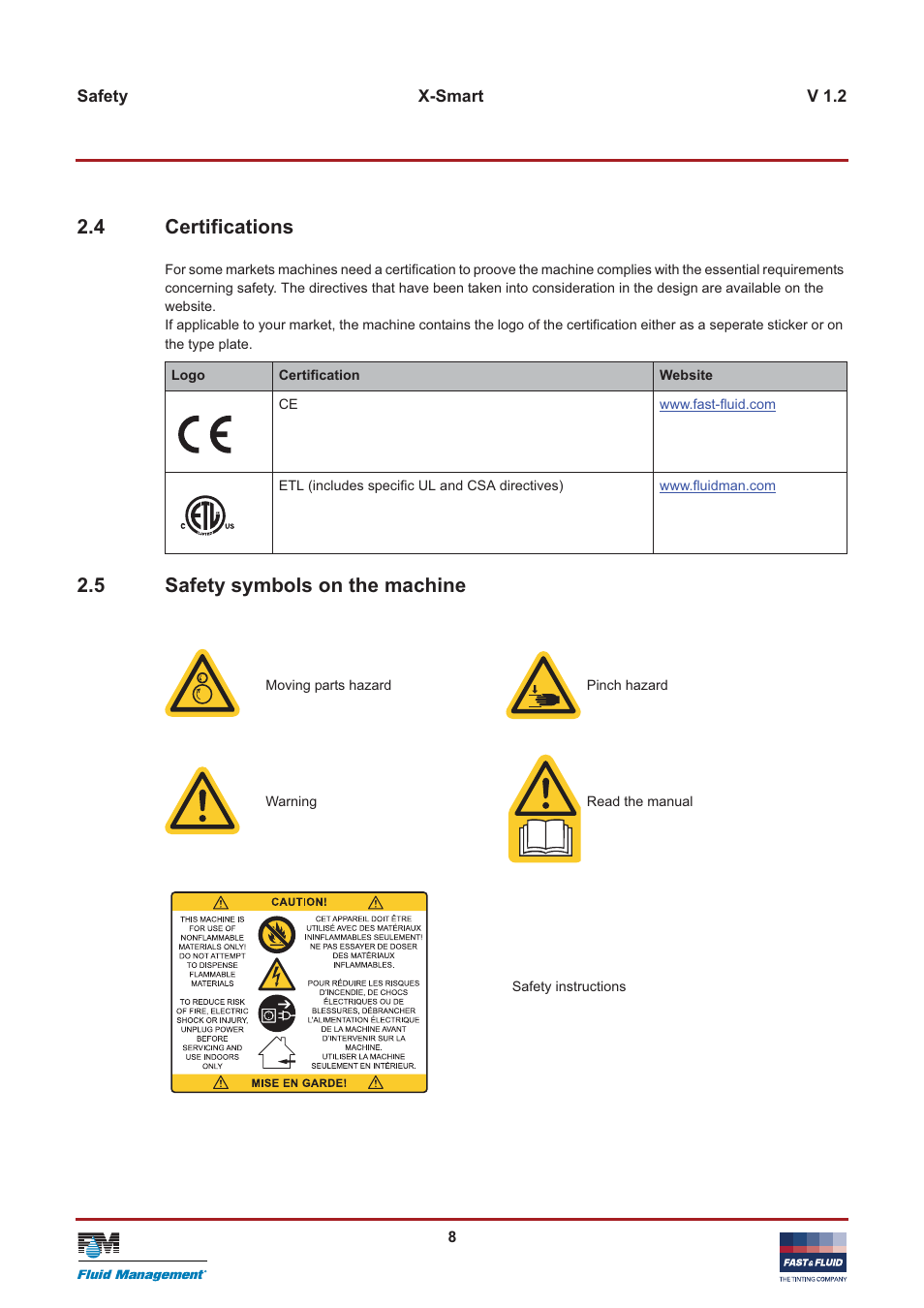 4 certifications, 5 safety symbols on the machine | Fast & Fluid X-Smart User Manual | Page 8 / 26