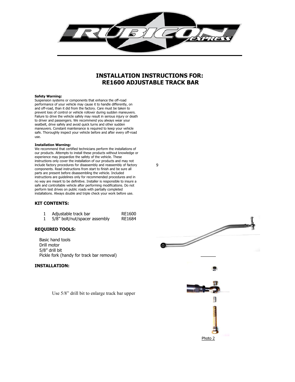 Rubicon Express RE1600 User Manual | 1 page