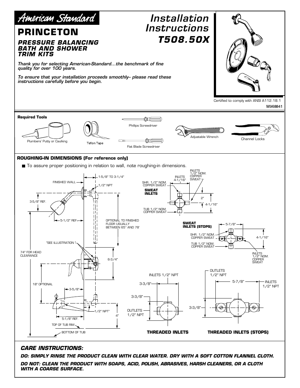 American Standard Princeton T508.50X User Manual | 3 pages