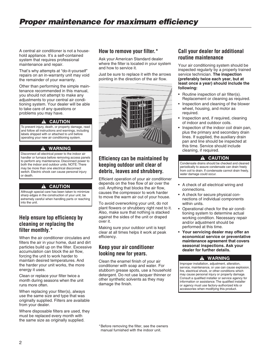 Maintenance, Proper maintenance for maximum efficiency, How to remove your filter | Keep your air conditioner looking new for years | American Standard CENTRAL AIR CONDITIONER User Manual | Page 2 / 6