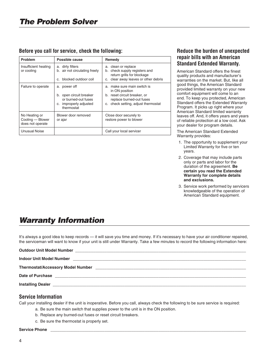 Warranty/service information, Problem solver, The problem solver | Warranty information, Before you call for service, check the following, Service information | American Standard CENTRAL AIR CONDITIONER User Manual | Page 4 / 6
