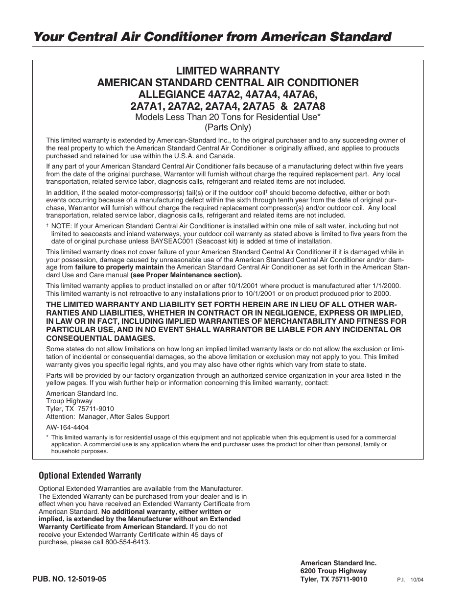 Limited warranty, Optional extended warranty | American Standard CENTRAL AIR CONDITIONER User Manual | Page 6 / 6