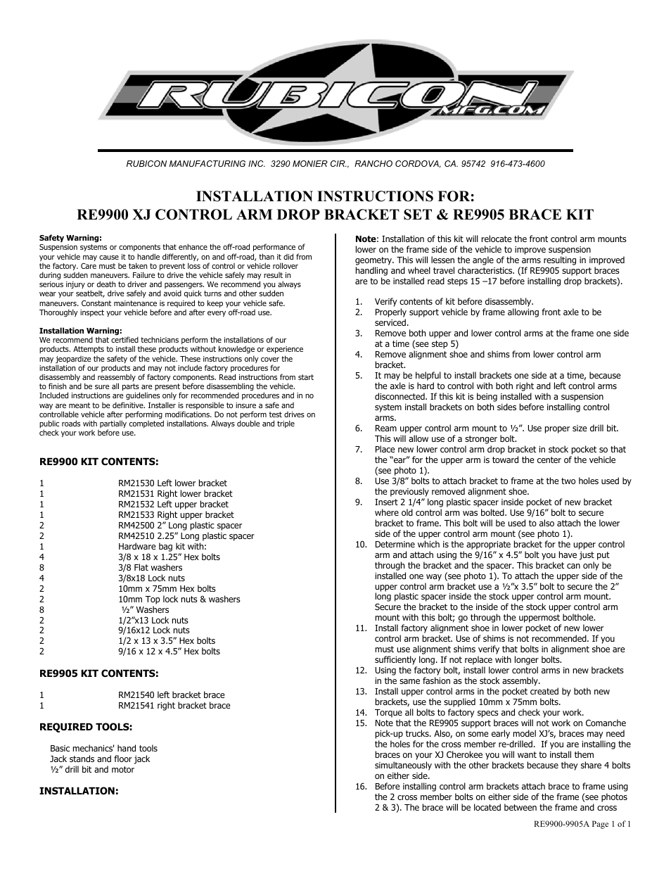 Rubicon Express RE9905 User Manual | 2 pages