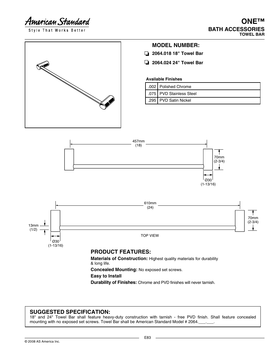 American Standard 24" Towel Bar 2064.024 User Manual | 1 page