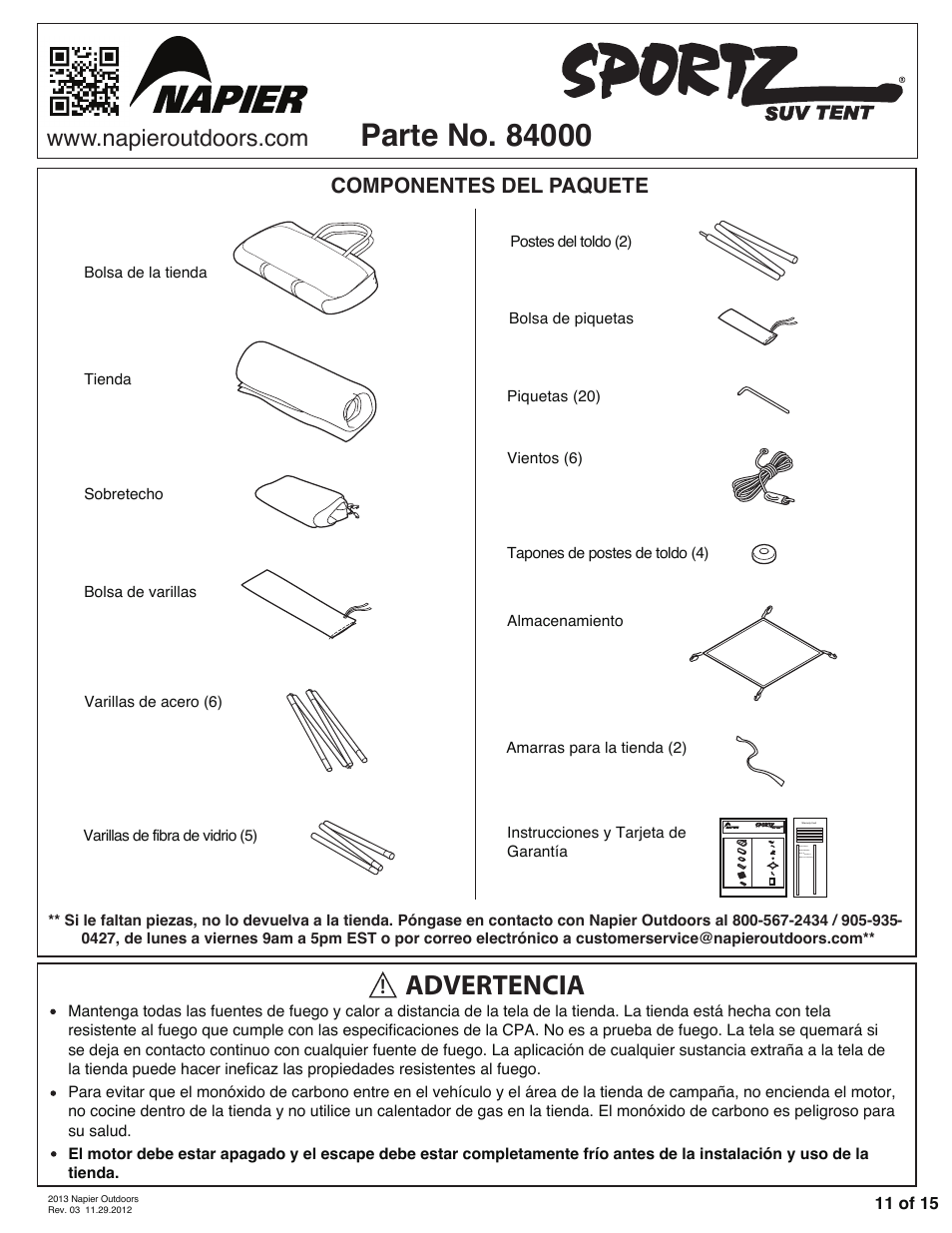 Advertencia, Componentes del paquete | Napier 84000 Sportz SUV Tent User Manual | Page 11 / 15