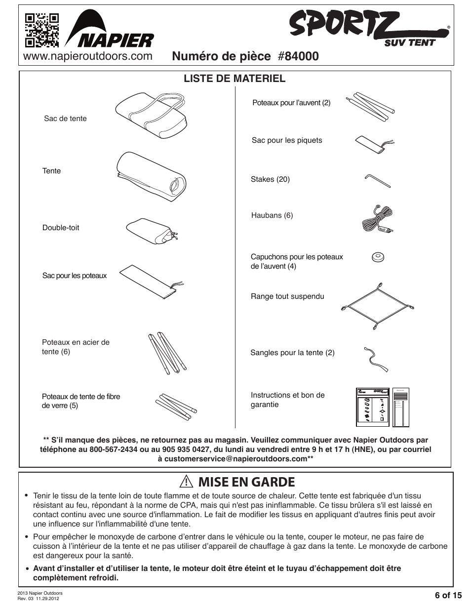 Mise en garde, Liste de materiel | Napier 84000 Sportz SUV Tent User Manual | Page 6 / 15