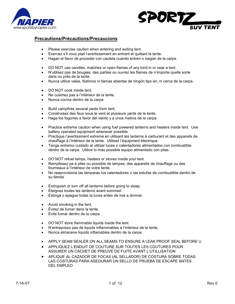 Napier 83000 Sportz SUV Tent User Manual | 12 pages