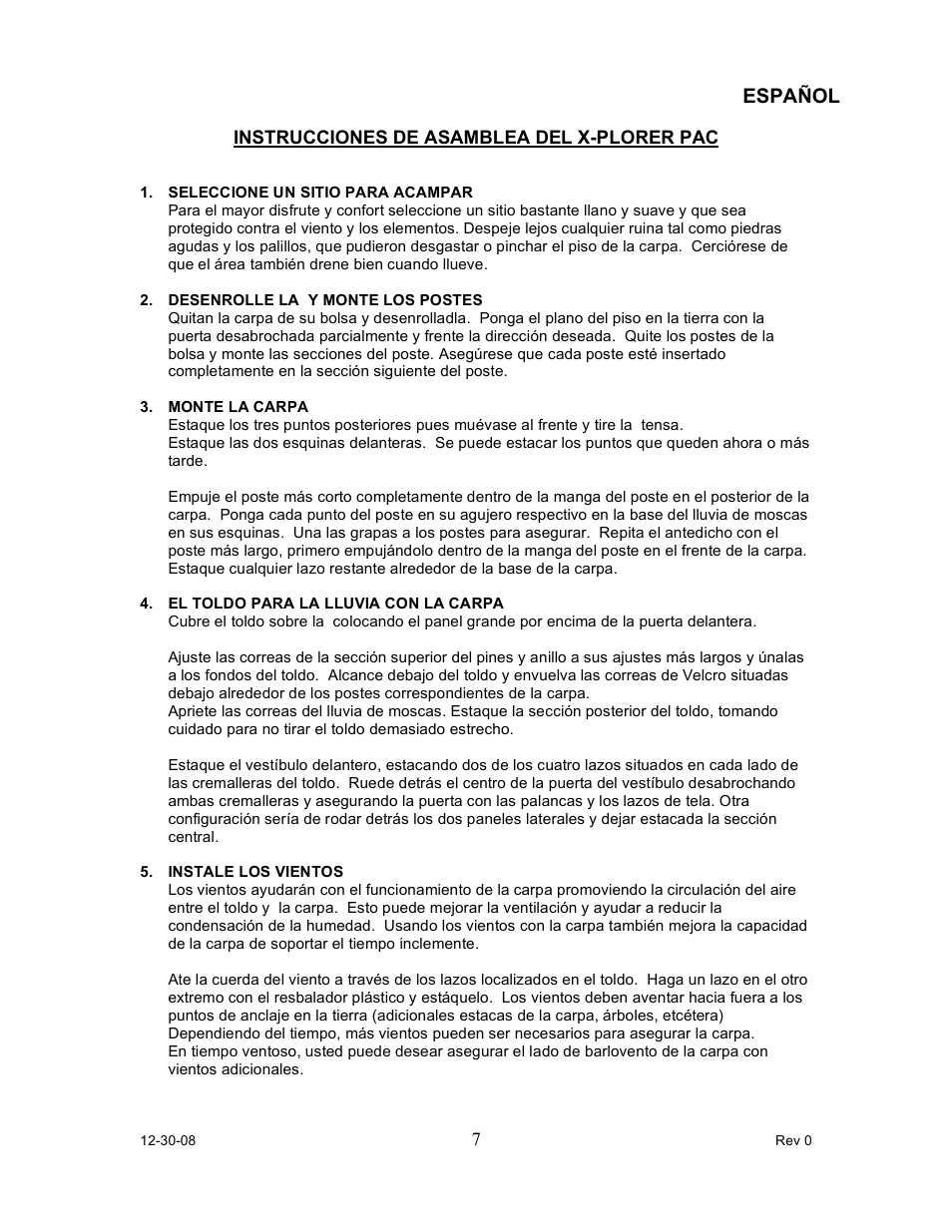Español | Napier 95600 X-plorer PAC User Manual | Page 7 / 8